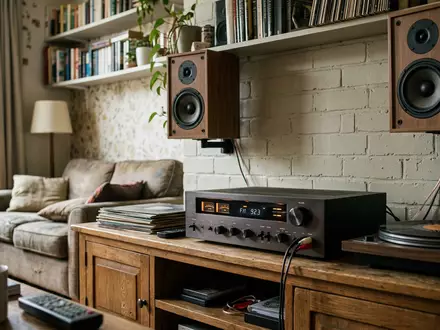 Fotorealistische Aufnahme von Stereo-Receiver im Wohnzimmer zum Thema Denon Receiver, ISIN US5747951003, natuerliches Licht - Foto: THN