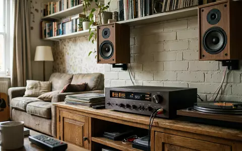 Fotorealistische Aufnahme von Stereo-Receiver im Wohnzimmer zum Thema Denon Receiver, ISIN US5747951003, natuerliches Licht - Foto: THN