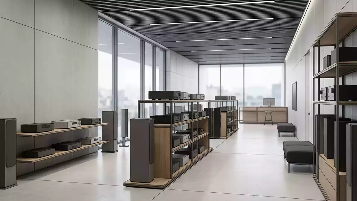 Architektur-Render im Elektronik-Fachmarkt mit Stereo-Receiver im Ausstellungsbereich