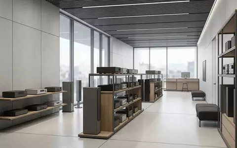 Architektur-Render im Elektronik-Fachmarkt mit Stereo-Receiver zum Thema Denon Receiver, ISIN US5747951003, neutrales Tageslicht - Foto: THN
