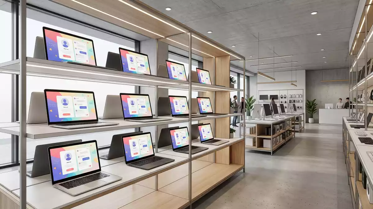 Architektur-Render im Elektronik-Fachmarkt mit Dating-App im Ausstellungsbereich