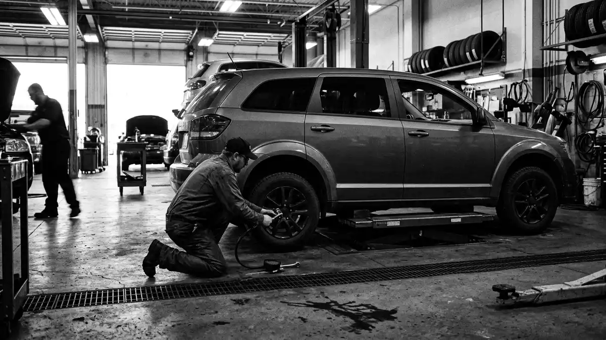 Schwarzweiss-Reportagebild mit Kompakt-SUV in dokumentarischer Arbeitsumgebung