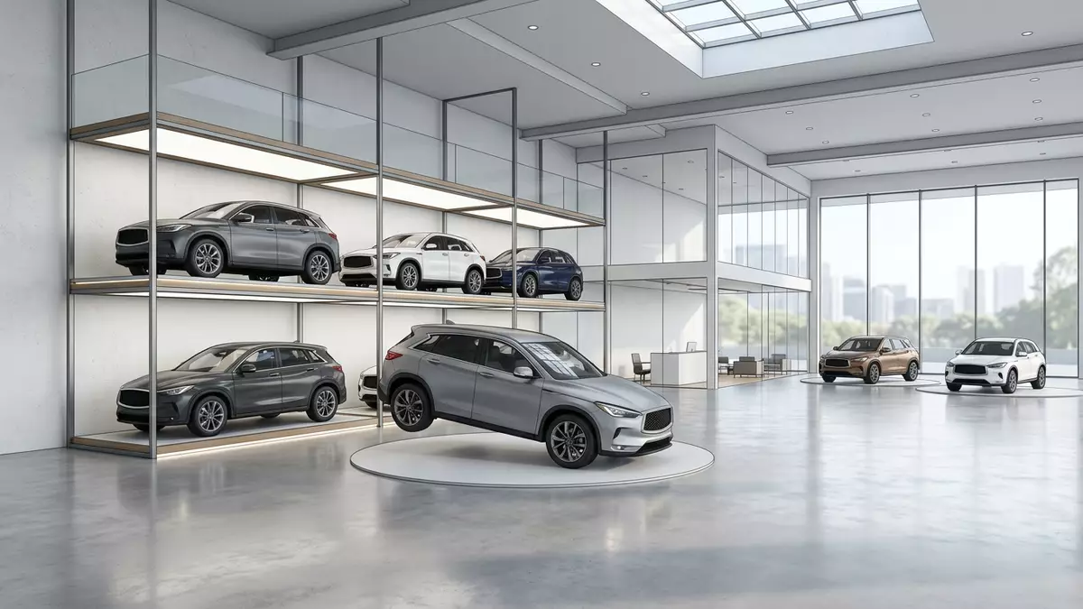 Architektur-Render im Autohaus mit Kompakt-SUV im Ausstellungsbereich, neutral