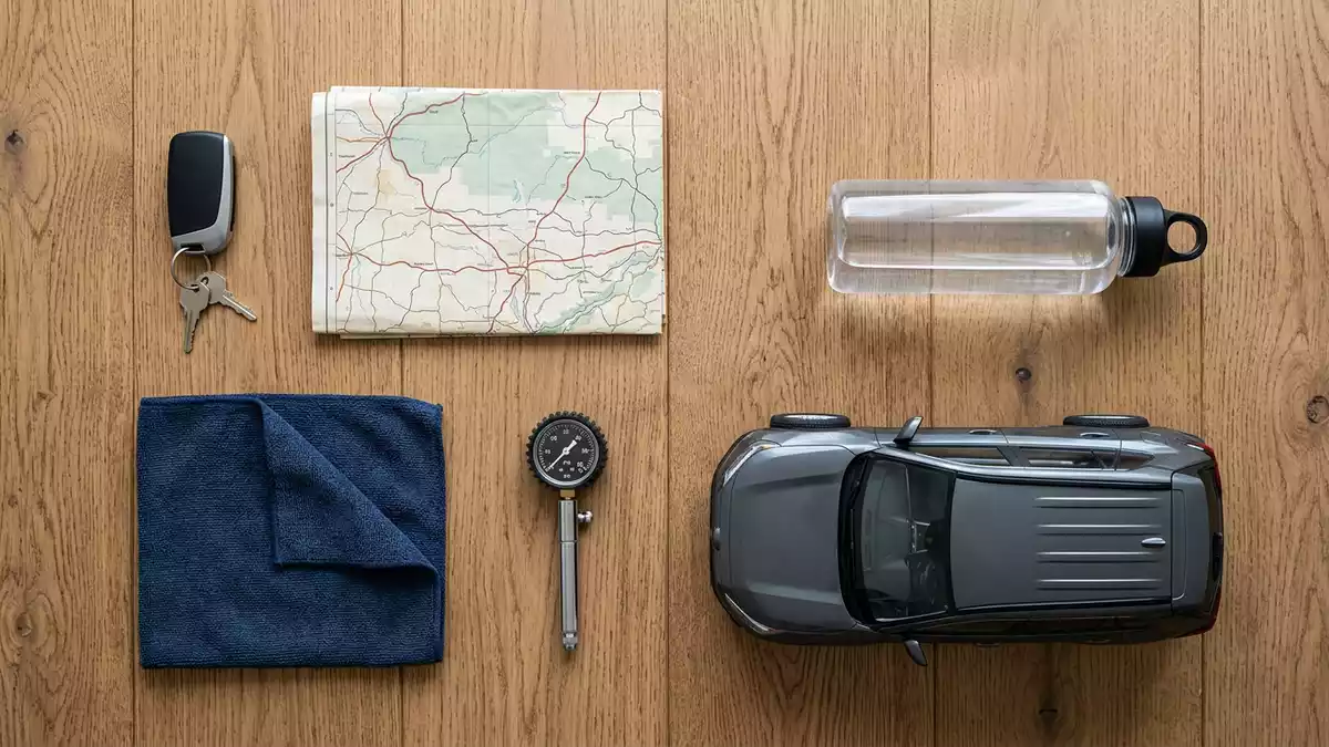 Flatlay-Arrangement rund um Kompakt-SUV mit passenden Requisiten von oben, neutral