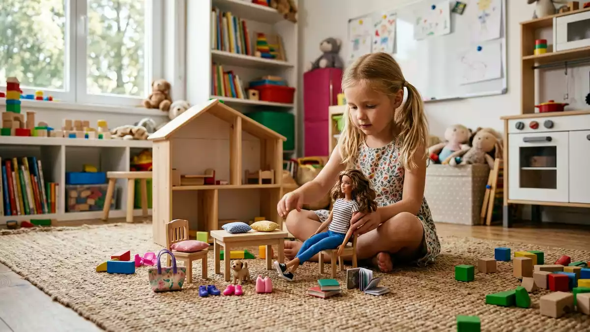 Fotorealistische Ansicht von Modepuppe im Kinderzimmer in realer Umgebung, neutral