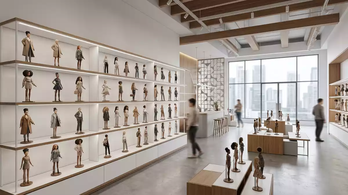 Architektur-Render im Spielwarengeschäft mit Modepuppe im Ausstellungsbereich, neutral