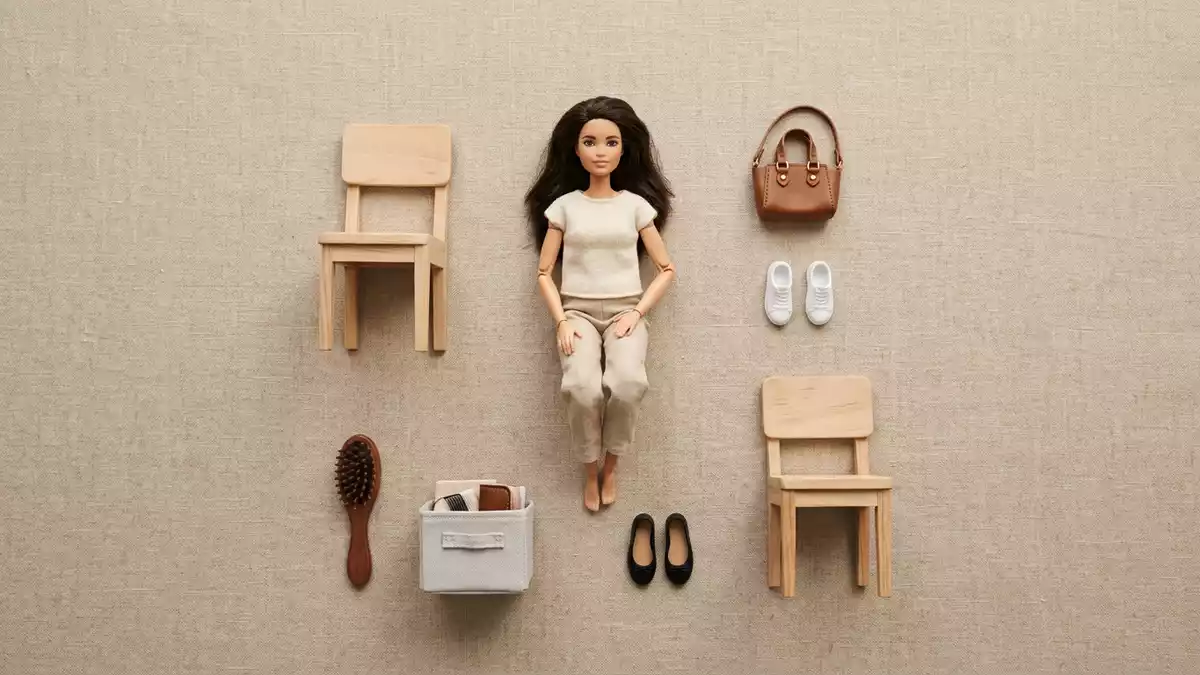 Flatlay-Arrangement rund um Modepuppe mit passenden Requisiten von oben, neutral