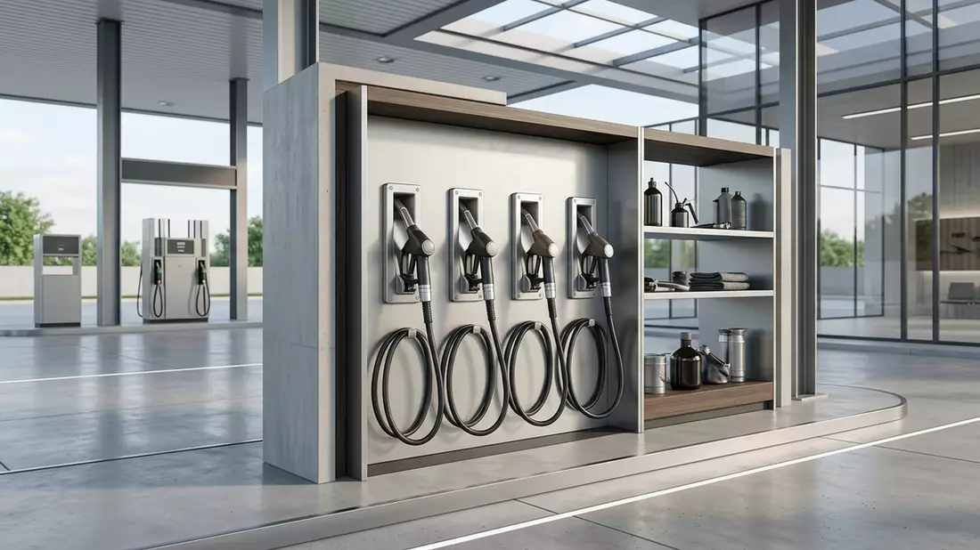 Architektur-Render im Tankstelle mit Kraftstoffzapfpistole im Ausstellungsbereich