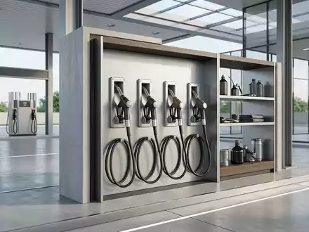 Architektur-Render im Tankstelle mit Kraftstoffzapfpistole zum Thema Shell V-Power, ISIN GB00B03MLX29, neutrales Tageslicht - Foto: THN