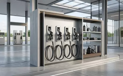 Architektur-Render im Tankstelle mit Kraftstoffzapfpistole zum Thema Shell V-Power, ISIN GB00B03MLX29, neutrales Tageslicht - Foto: THN