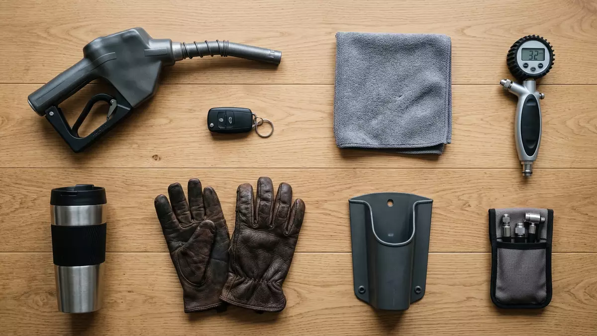 Flatlay-Arrangement rund um Kraftstoffzapfpistole mit passenden Requisiten von oben