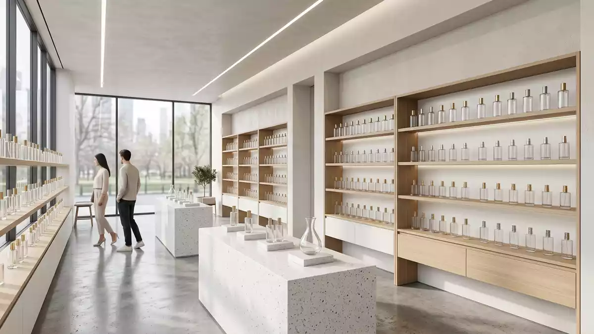 Architektur-Render im Parfümeriefachhandel mit Duftwasser im Ausstellungsbereich