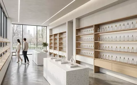 Architektur-Render im Parfümeriefachhandel mit Duftwasser zum Thema Shiseido Ginza Parfum, ISIN JP3351600006, neutrales Tageslicht - Foto: THN