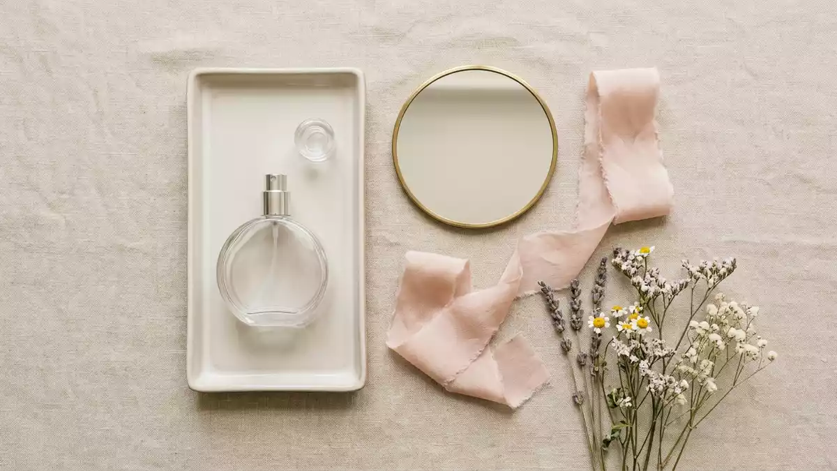 Flatlay-Arrangement rund um Duftwasser mit passenden Requisiten von oben, neutral