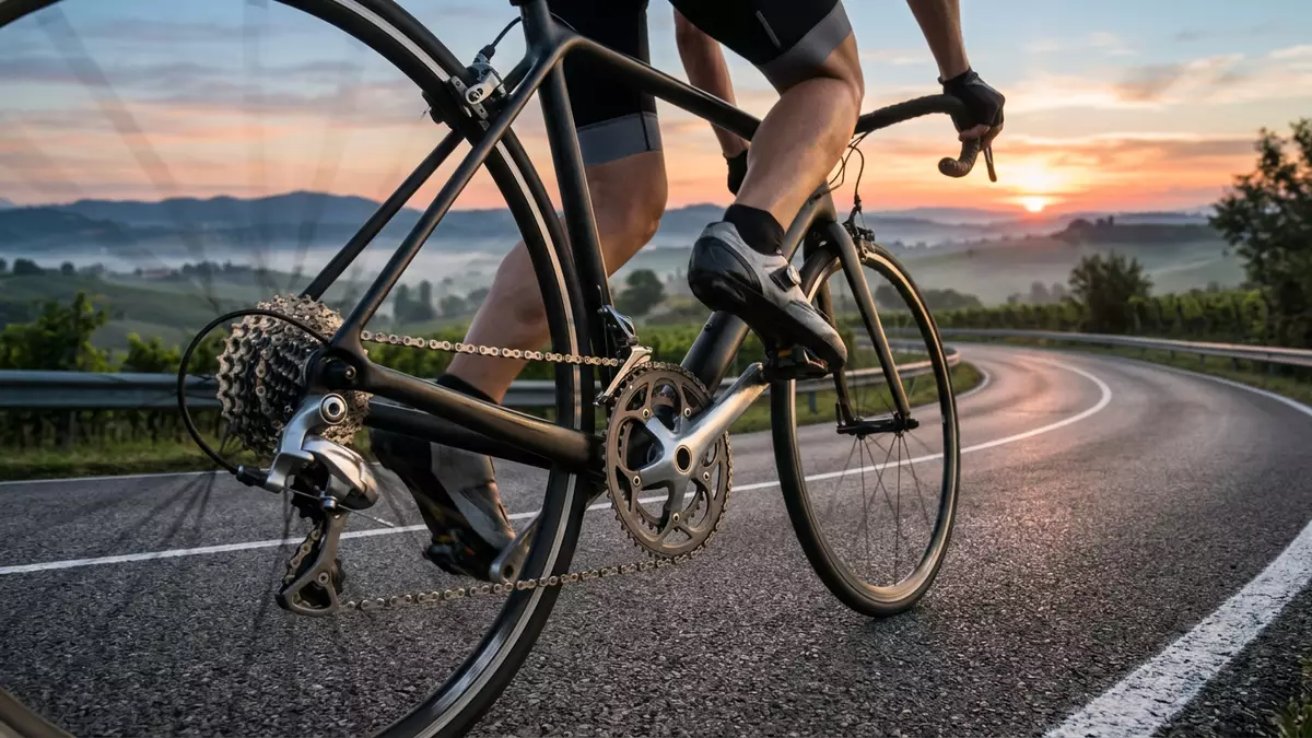 Fotorealistische Ansicht von Rennrad-Schaltgruppe beim Radfahren in realer Umgebung