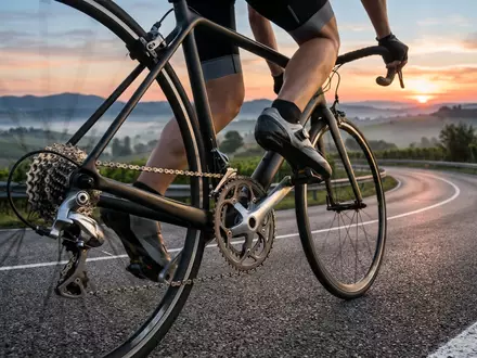Fotorealistische Aufnahme von Rennrad-Schaltgruppe beim Radfahren zum Thema Shimano Ultegra Schaltgruppe, ISIN JP3358000002, natuerliches Licht - Foto: THN