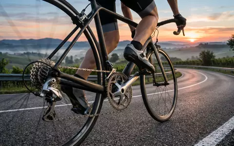 Fotorealistische Aufnahme von Rennrad-Schaltgruppe beim Radfahren zum Thema Shimano Ultegra Schaltgruppe, ISIN JP3358000002, natuerliches Licht - Foto: THN
