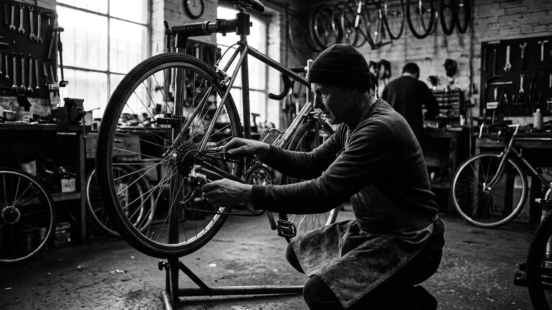 Schwarzweiss-Reportagebild mit Rennrad-Schaltgruppe in dokumentarischer Arbeitsumgebung