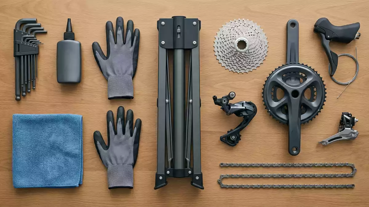 Flatlay-Arrangement rund um Rennrad-Schaltgruppe mit passenden Requisiten von oben
