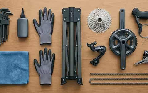 Flatlay-Arrangement rund um Rennrad-Schaltgruppe zum Thema Shimano Ultegra Schaltgruppe, ISIN JP3358000002, weiches Oberlicht - Foto: THN