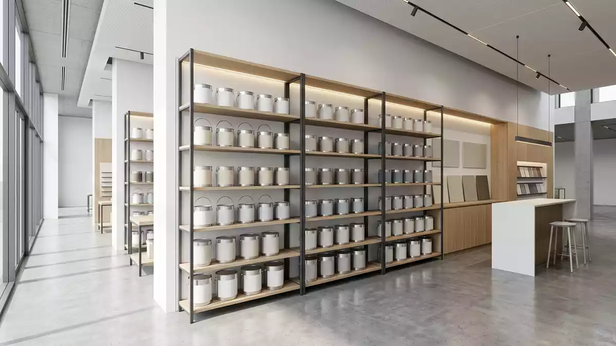 Architektur-Render im Farbenfachhandel mit Wandfarbe im Ausstellungsbereich, neutral
