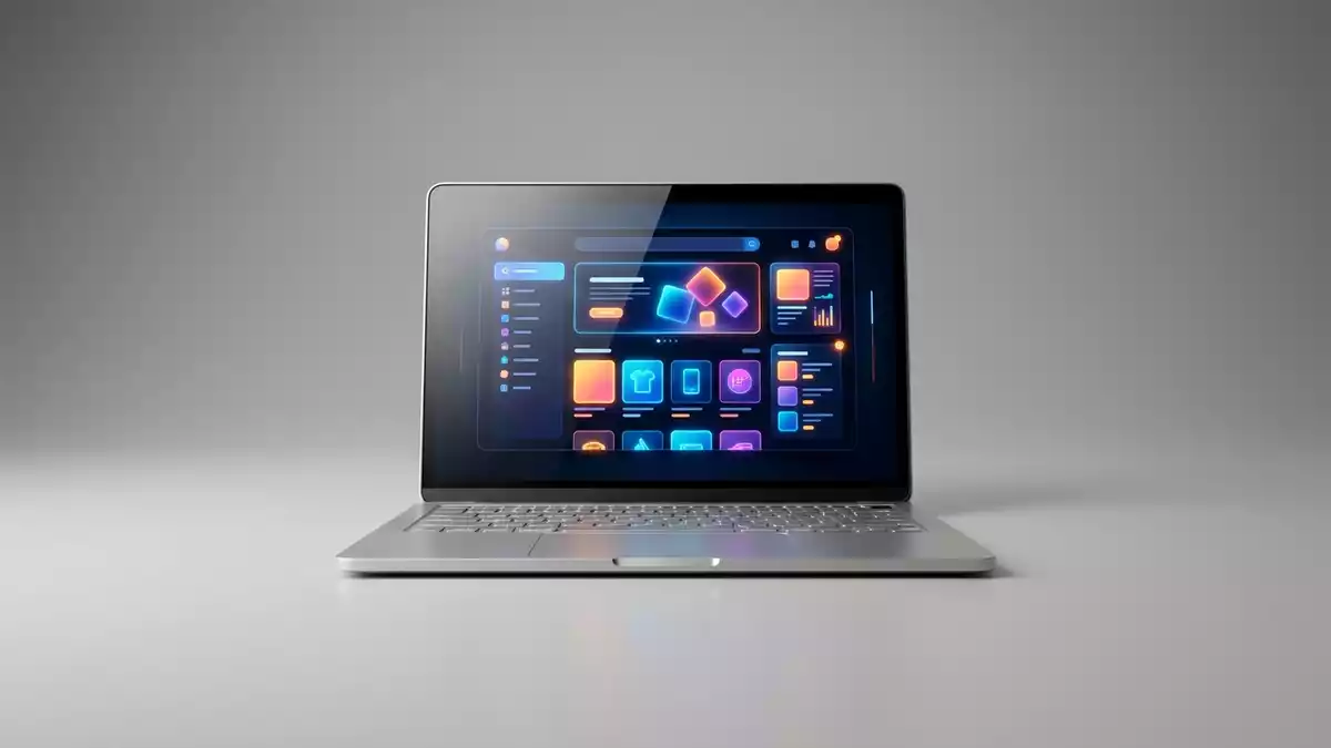 Fotorealistische Studioansicht von Online-Shop in neutraler Produktdarstellung