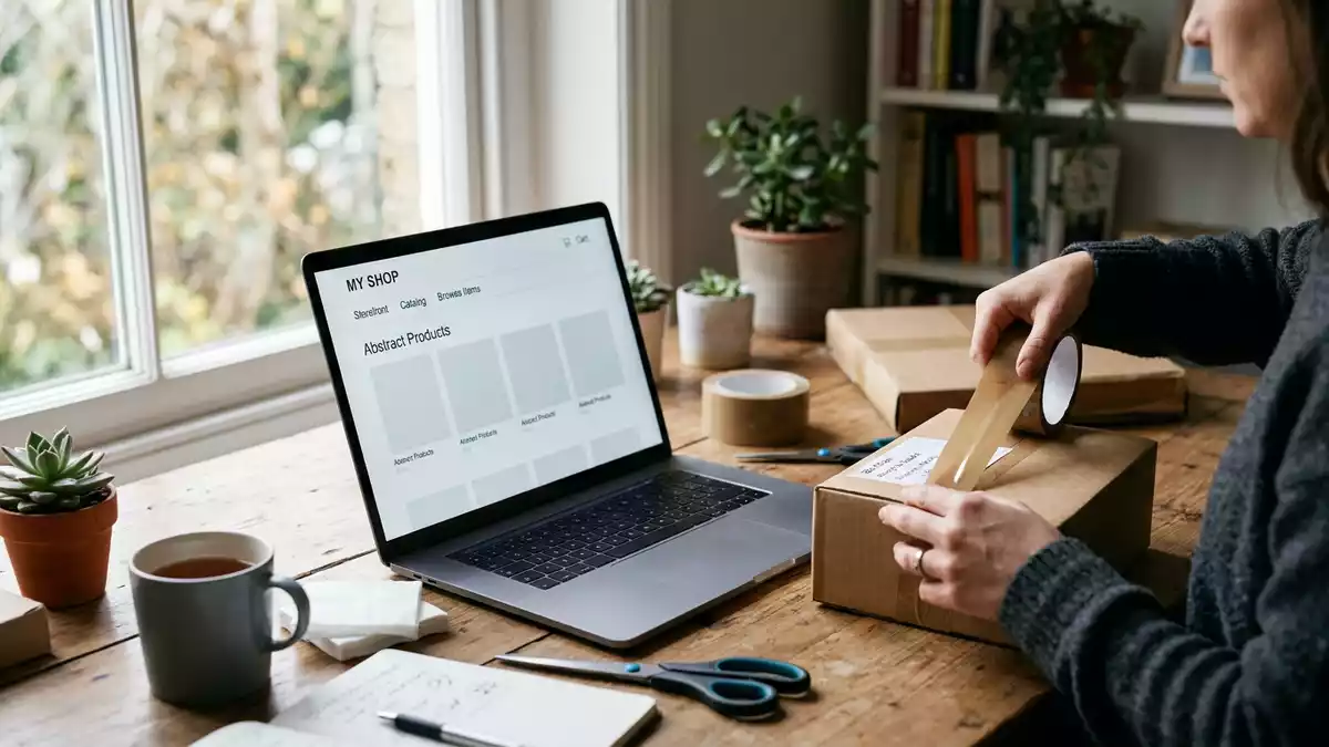 Fotorealistische Ansicht von Online-Shop im Homeoffice in realer Umgebung, neutral