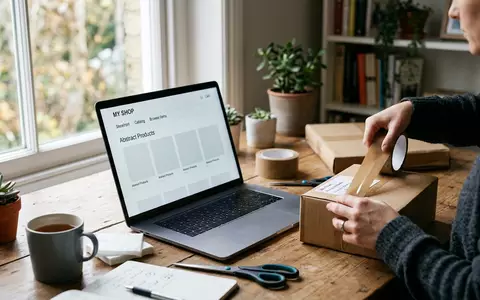 Fotorealistische Aufnahme von Online-Shop im Homeoffice zum Thema Shopify Online Store, ISIN CA82509L1076, natuerliches Licht - Foto: THN