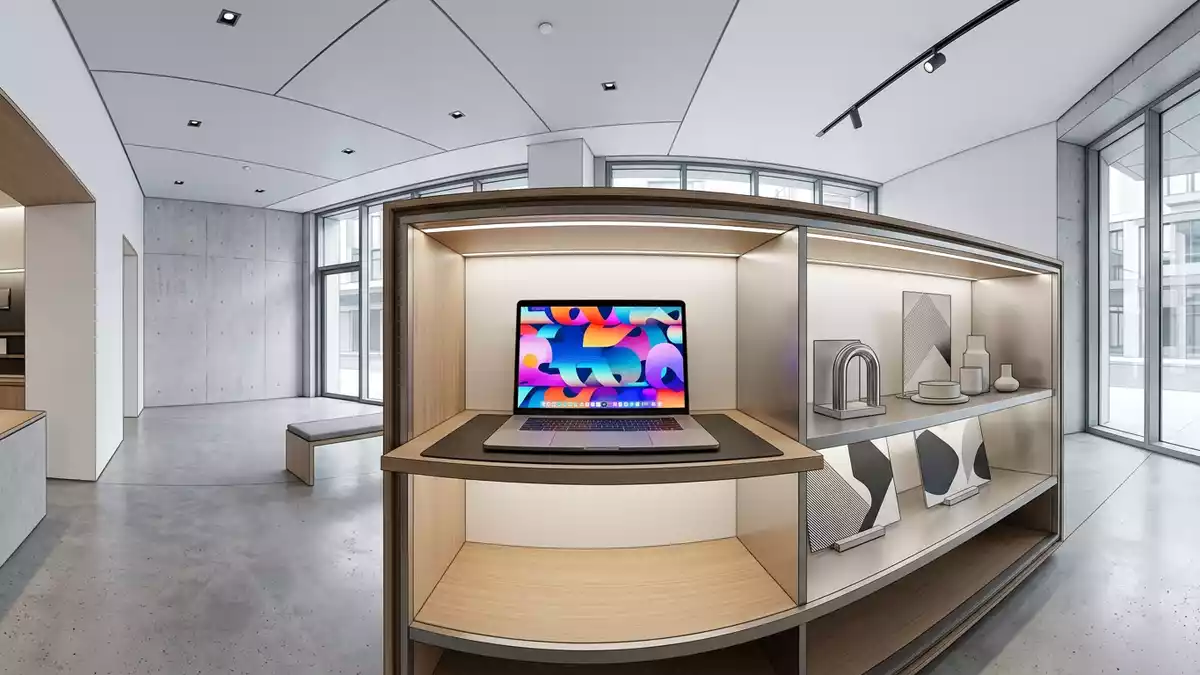 Architektur-Render im Online-Handelsbüro mit Online-Shop im Ausstellungsbereich