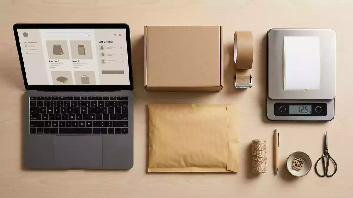 Flatlay-Arrangement rund um Online-Shop mit passenden Requisiten von oben, neutral