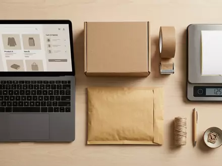 Flatlay-Arrangement rund um Online-Shop zum Thema Shopify Online Store, ISIN CA82509L1076, weiches Oberlicht - Foto: THN