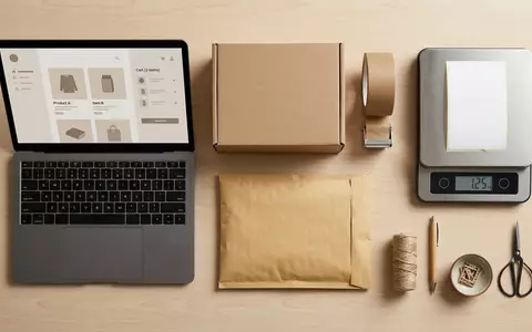 Flatlay-Arrangement rund um Online-Shop zum Thema Shopify Online Store, ISIN CA82509L1076, weiches Oberlicht - Foto: THN