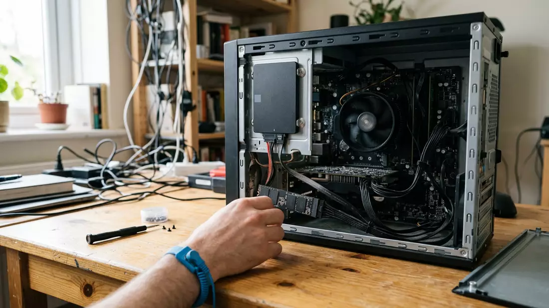 Fotorealistische Ansicht von Solid-State-Laufwerk am Computer in realer Umgebung