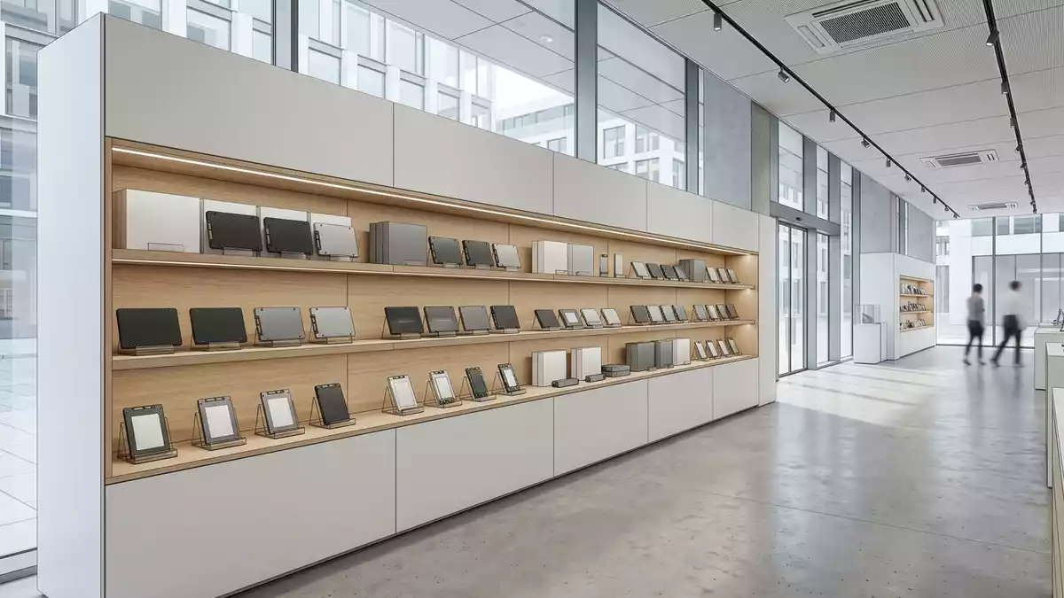 Architektur-Render im Elektronik-Fachmarkt mit Solid-State-Laufwerk im Ausstellungsbereich