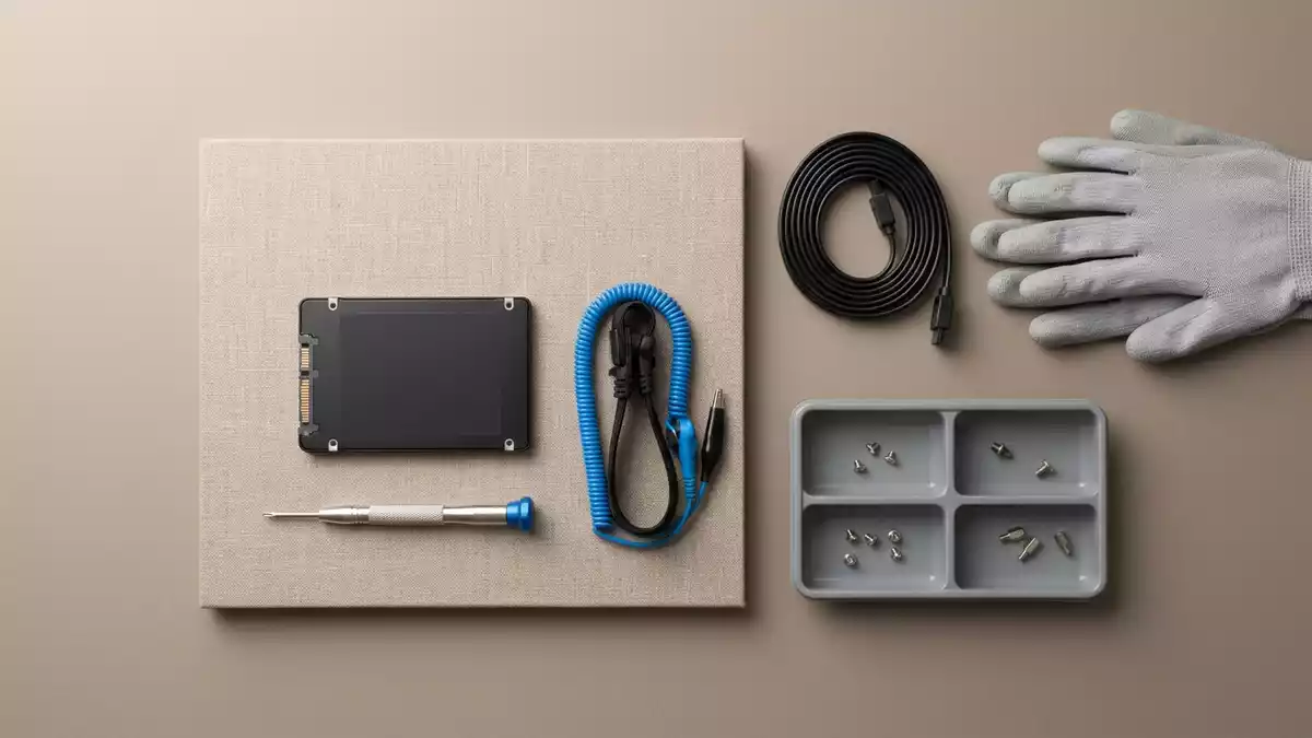 Flatlay-Arrangement rund um Solid-State-Laufwerk mit passenden Requisiten von oben