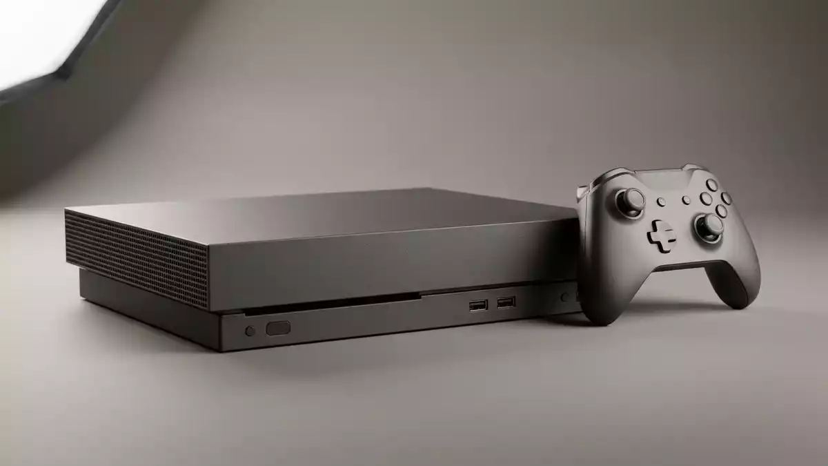 Fotorealistische Studioansicht von Spielkonsole in neutraler Produktdarstellung