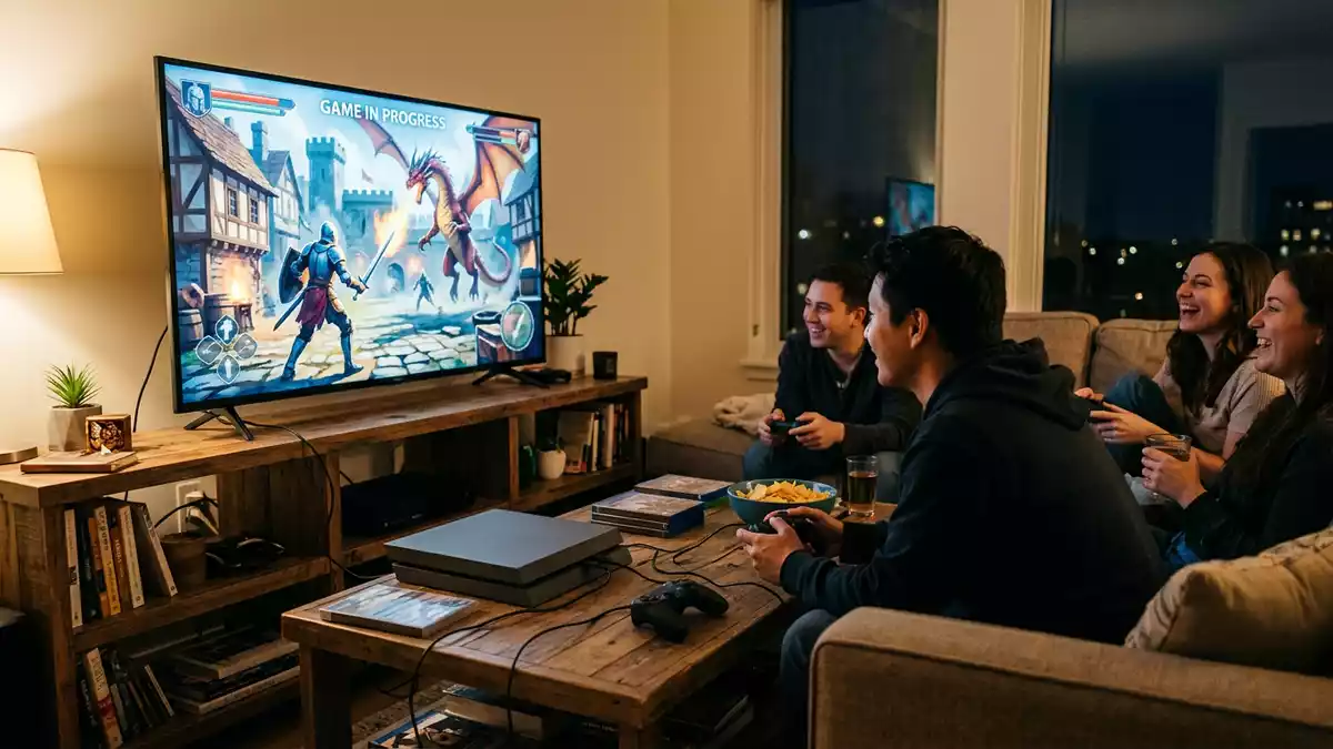 Fotorealistische Ansicht von Spielkonsole im Wohnzimmer in realer Umgebung, neutral