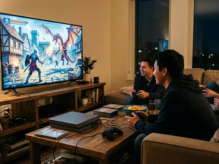 Fotorealistische Aufnahme von Spielkonsole im Wohnzimmer zum Thema Xbox Series X, ISIN US5949181045, natuerliches Licht - Foto: THN