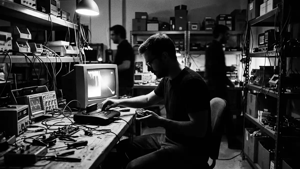 Schwarzweiss-Reportagebild mit Spielkonsole in dokumentarischer Arbeitsumgebung