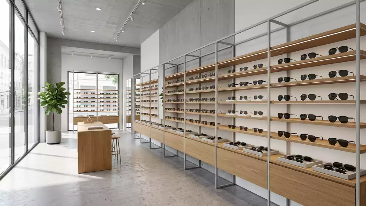 Architektur-Render im Optikfachgeschäft mit Sonnenbrille im Ausstellungsbereich