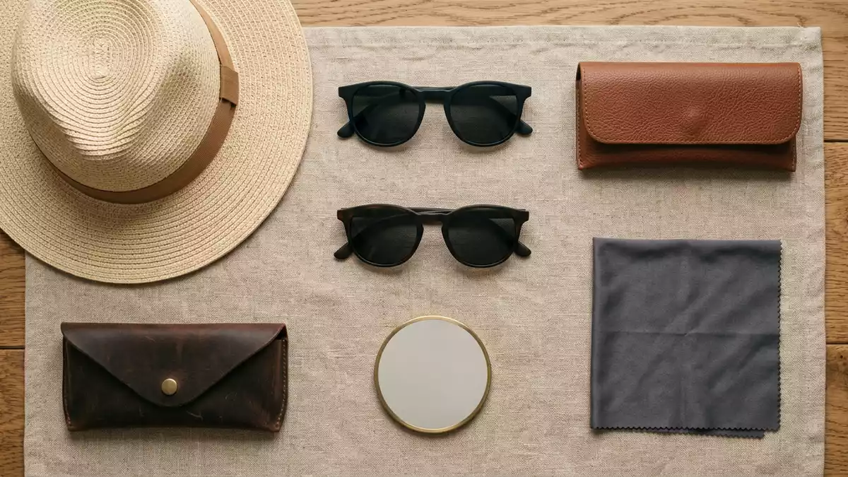 Flatlay-Arrangement rund um Sonnenbrille mit passenden Requisiten von oben, neutral