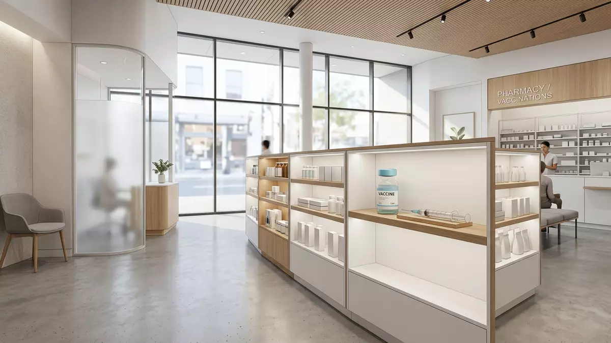 Architektur-Render im Apotheke mit Impfstoffampulle im Ausstellungsbereich, neutral
