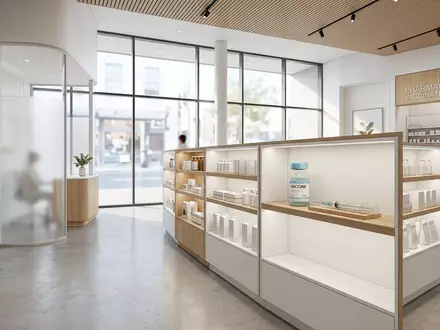 Architektur-Render im Apotheke mit Impfstoffampulle zum Thema Moderna Impfstoff, ISIN US60770K1079, neutrales Tageslicht - Foto: THN