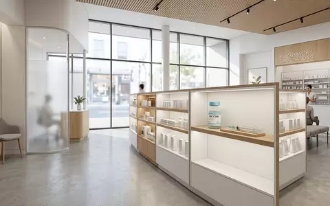 Architektur-Render im Apotheke mit Impfstoffampulle zum Thema Moderna Impfstoff, ISIN US60770K1079, neutrales Tageslicht - Foto: THN