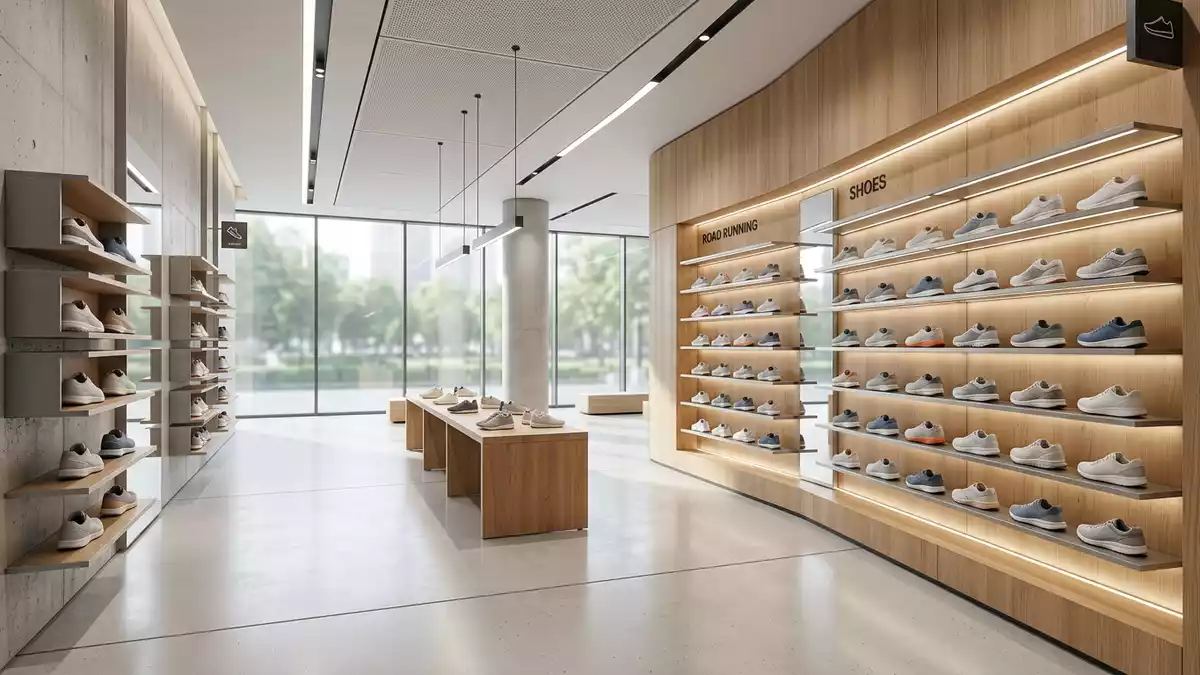 Architektur-Render im Sportgeschäft mit Laufschuhe im Ausstellungsbereich, neutral
