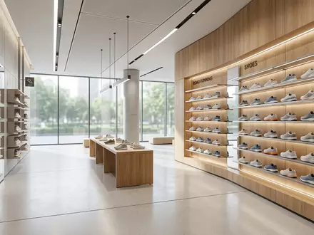 Architektur-Render im SportgeschÀft mit Laufschuhe zum Thema Mizuno Wave Rider, ISIN JP3896800004, neutrales Tageslicht - Foto: THN