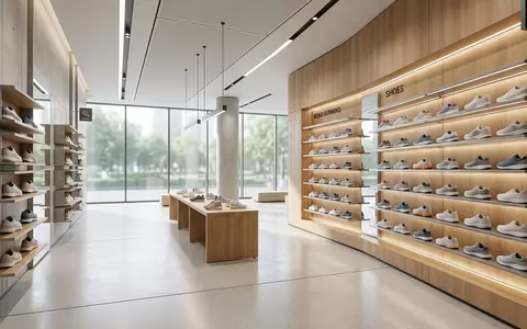 Architektur-Render im Sportgeschäft mit Laufschuhe zum Thema Mizuno Wave Rider, ISIN JP3896800004, neutrales Tageslicht - Foto: THN