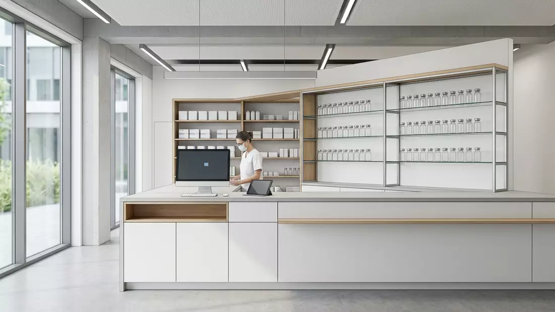 Architektur-Render im Klinikapotheke mit Impfstoffampulle im Ausstellungsbereich