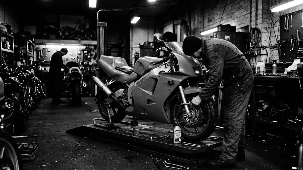 Schwarzweiss-Reportagebild mit Sportmotorrad in dokumentarischer Arbeitsumgebung