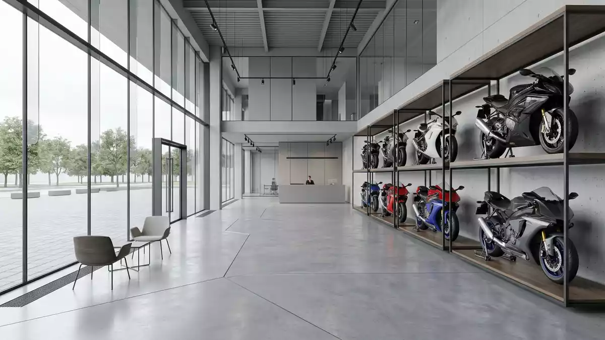Architektur-Render im Motorradhandel mit Sportmotorrad im Ausstellungsbereich, neutral